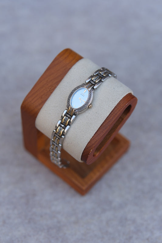 Circa 1990s Citizen Eco-Drive Ladies Rectangular Watch | Mother-of-Pearl Dial | Pavé Crystal | Two-Tone | 19mm