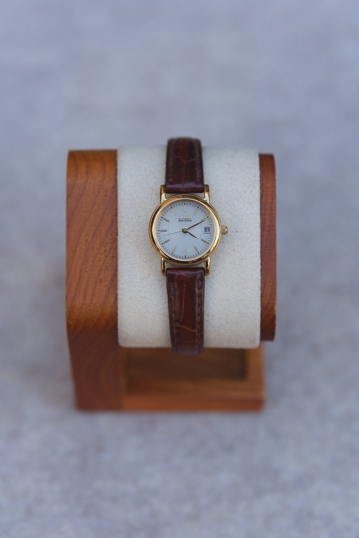 Circa Late-1990s–2000s Citizen Eco-Drive Ladies Watch | Cream Dial | Gold Bezel | Brown Alligator-Embossed Strap | 23mm