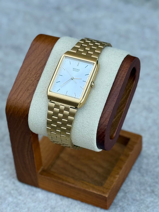 1990 Seiko Quartz Rectangular Dress Watch — Gold & Silver Dial