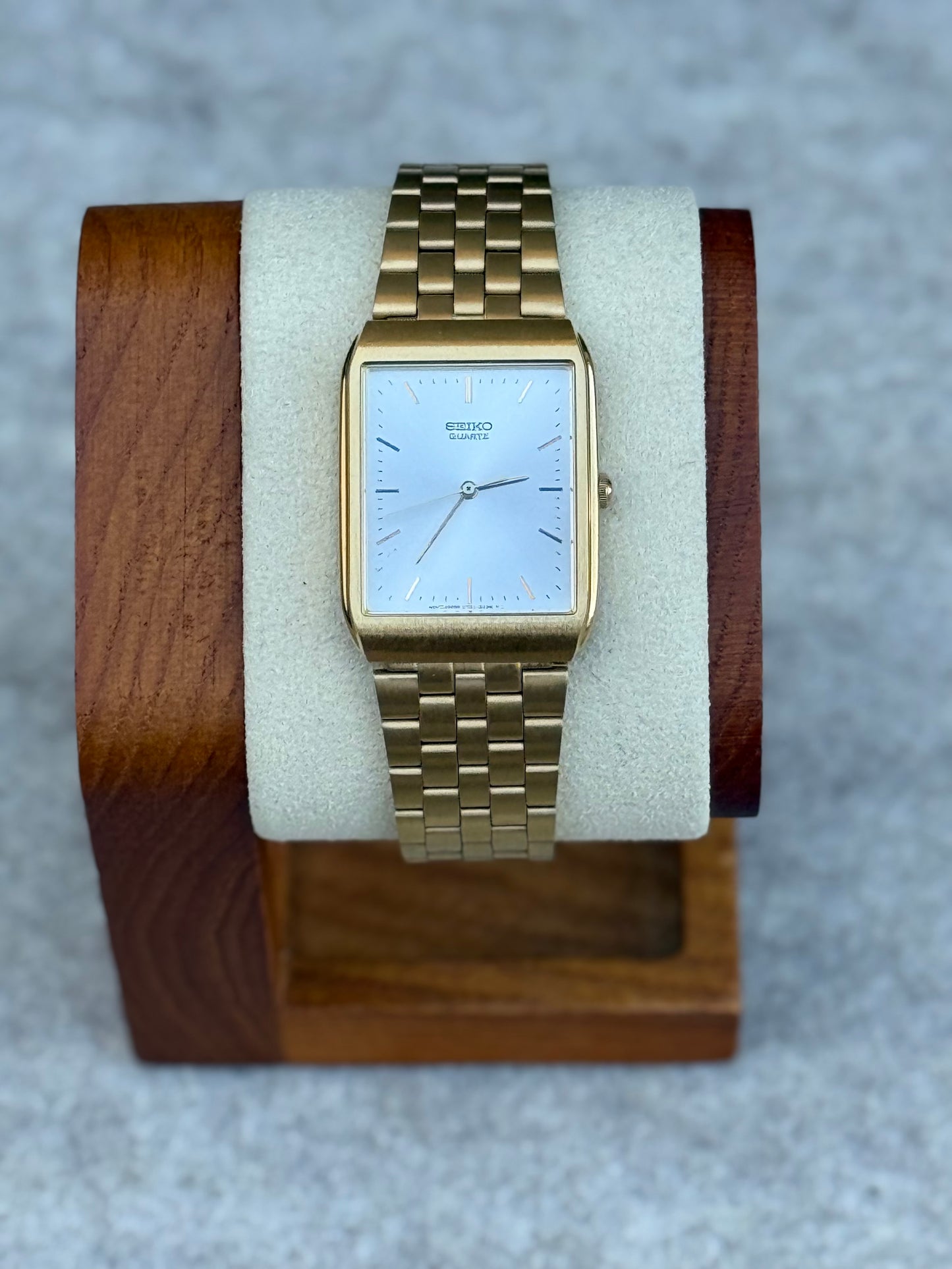 1990 Seiko Quartz Rectangular Dress Watch — Gold & Silver Dial