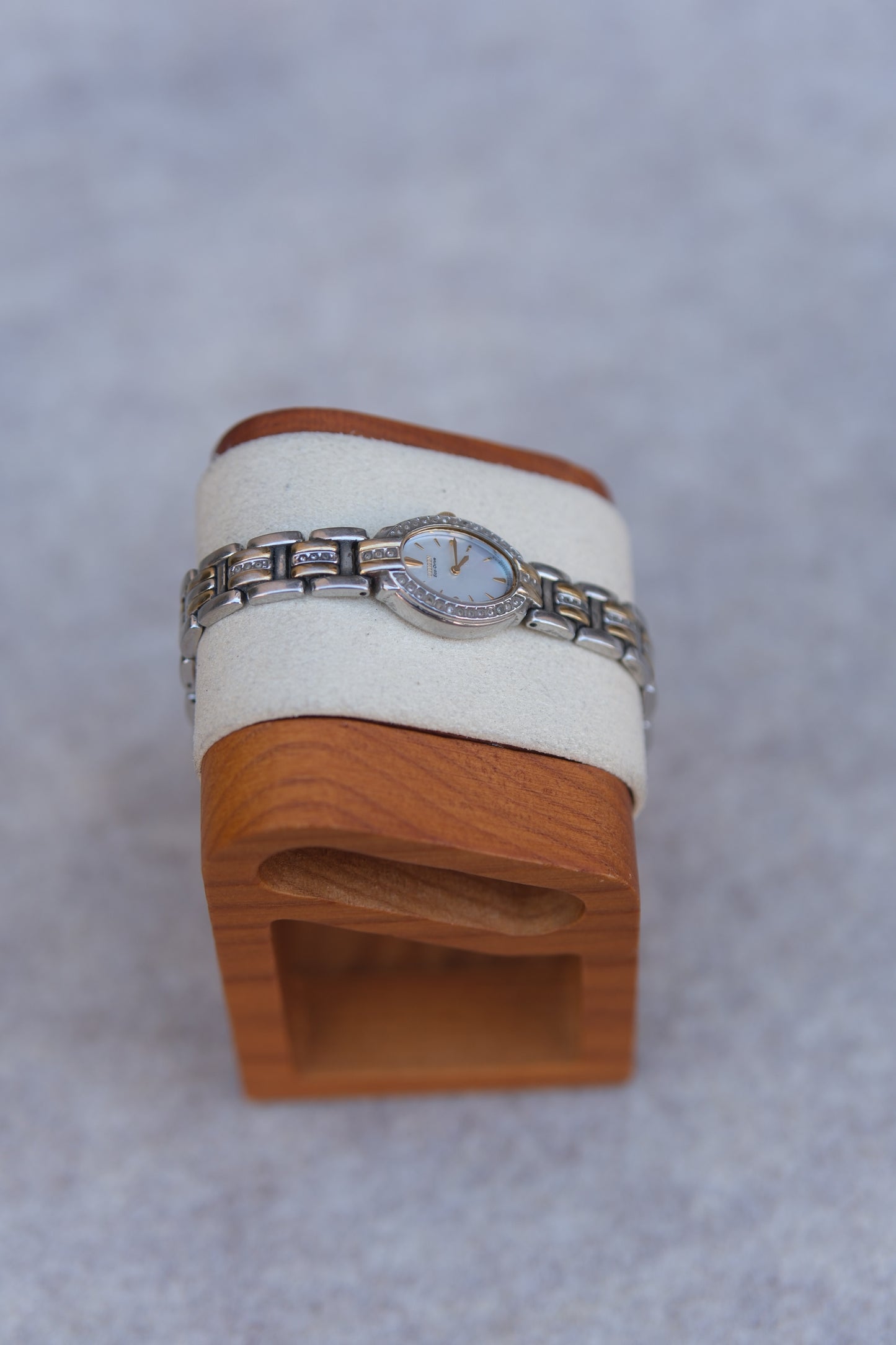 Circa 1990s Citizen Eco-Drive Ladies Rectangular Watch | Mother-of-Pearl Dial | Pavé Crystal | Two-Tone | 19mm