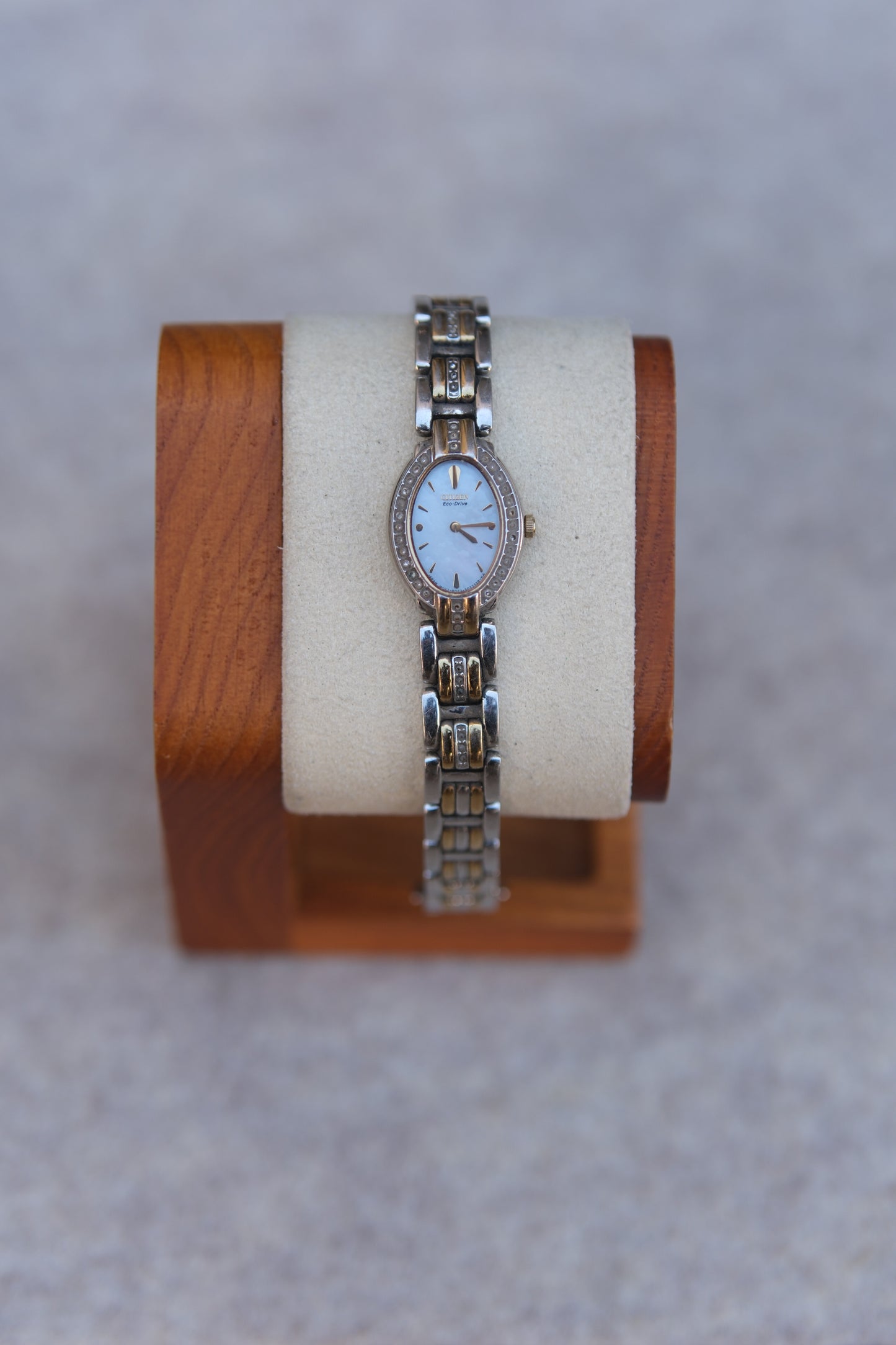 Circa 1990s Citizen Eco-Drive Ladies Rectangular Watch | Mother-of-Pearl Dial | Pavé Crystal | Two-Tone | 19mm