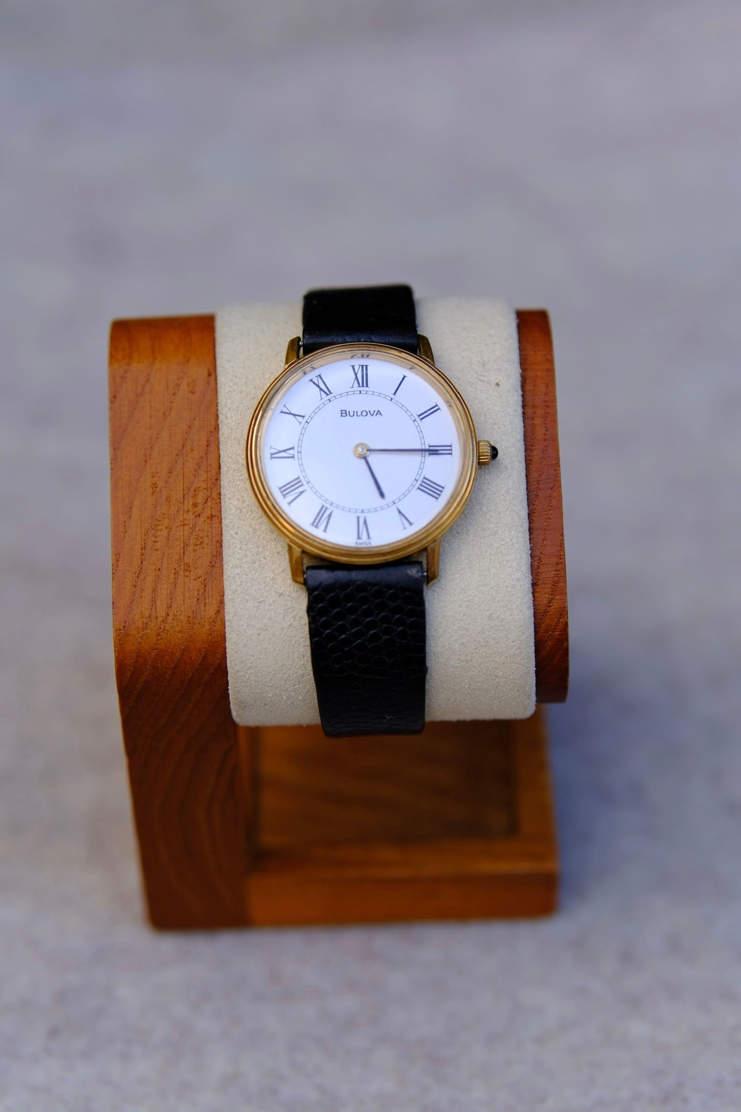 Vintage Late 1970s Bulova Swiss Manual Wind Dress Watch | White Roman Numeral Dial