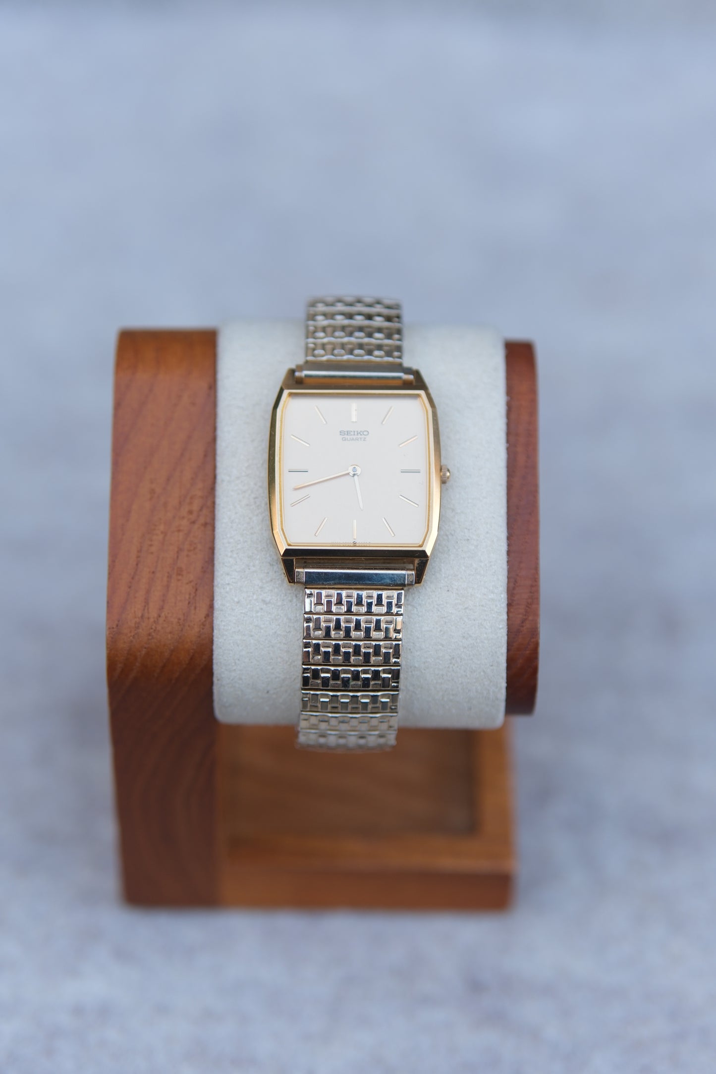May 1985 Seiko Quartz Dress Watch | Champagne Gold Dial | Tonneau Case | Gold Brick Bracelet | 28mm