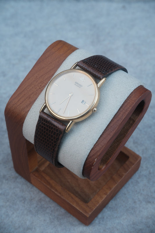 Vintage August 1992 Seiko Quartz Gold Dial Watch | Crest Emblem | Lizard-Embossed Strap | Date