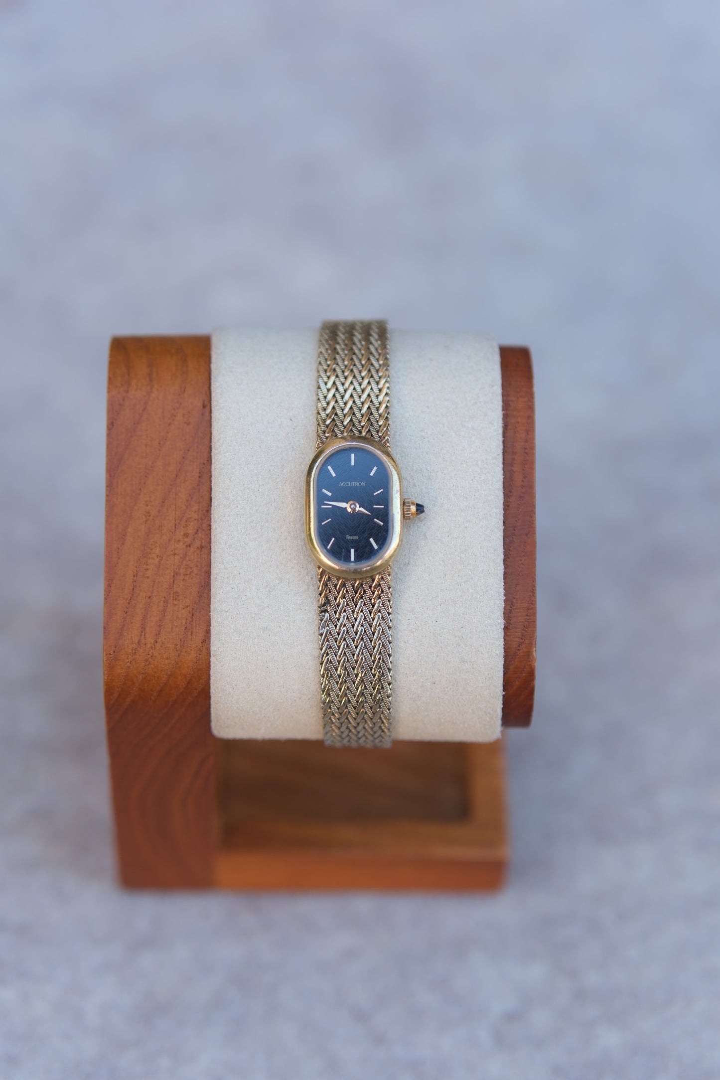Vintage Circa 1975 Bulova Accutron Ladies Watch | Black Oval Dial | Gold Baton Markers | Woven Mesh Bracelet | Swiss Made