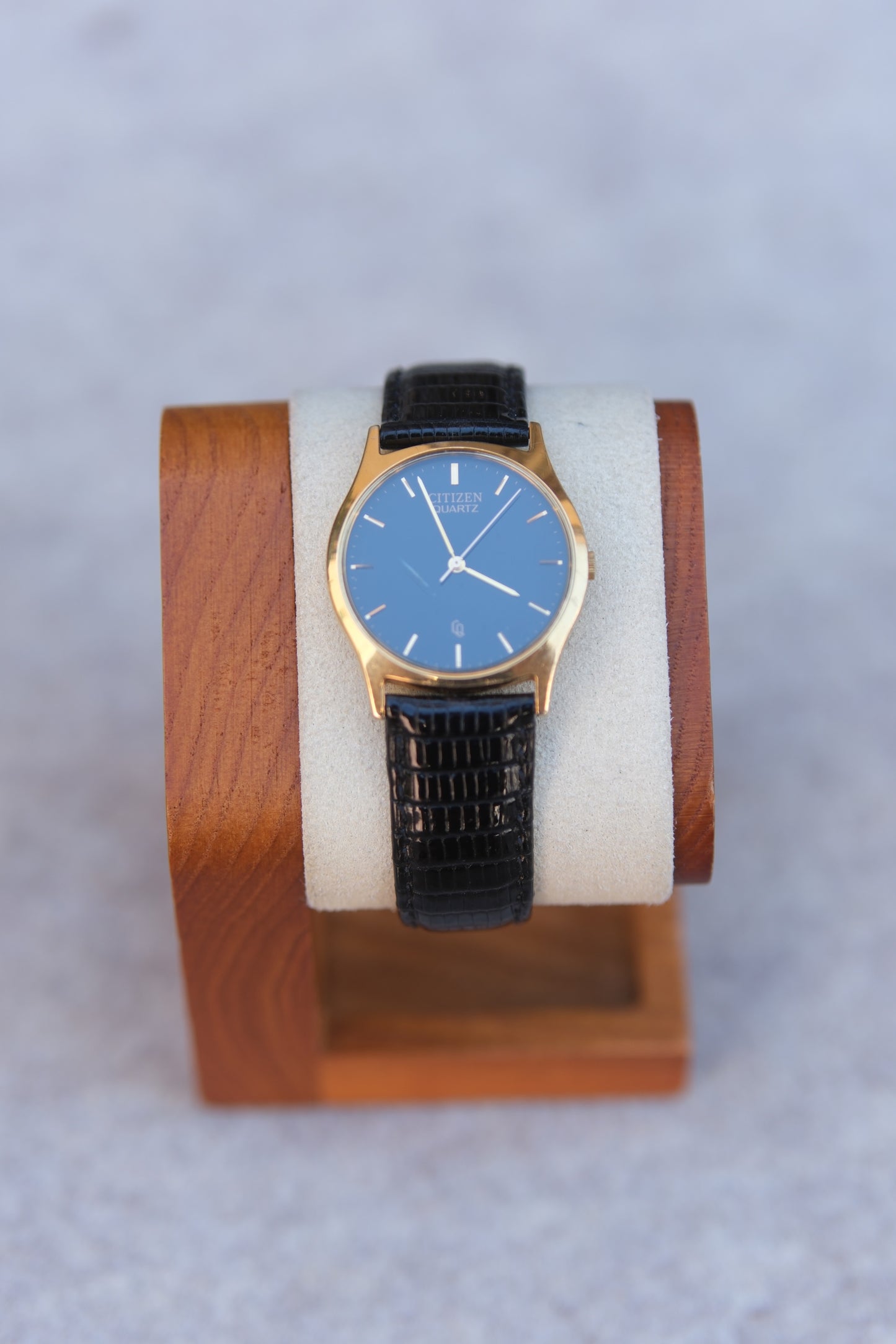 Vintage Circa 1992 Citizen Quartz Watch | Gold Case | Black Dial | Gold Baton Markers | Black Lizard Strap