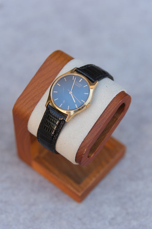 Vintage Circa 1992 Citizen Quartz Watch | Gold Case | Black Dial | Gold Baton Markers | Black Lizard Strap