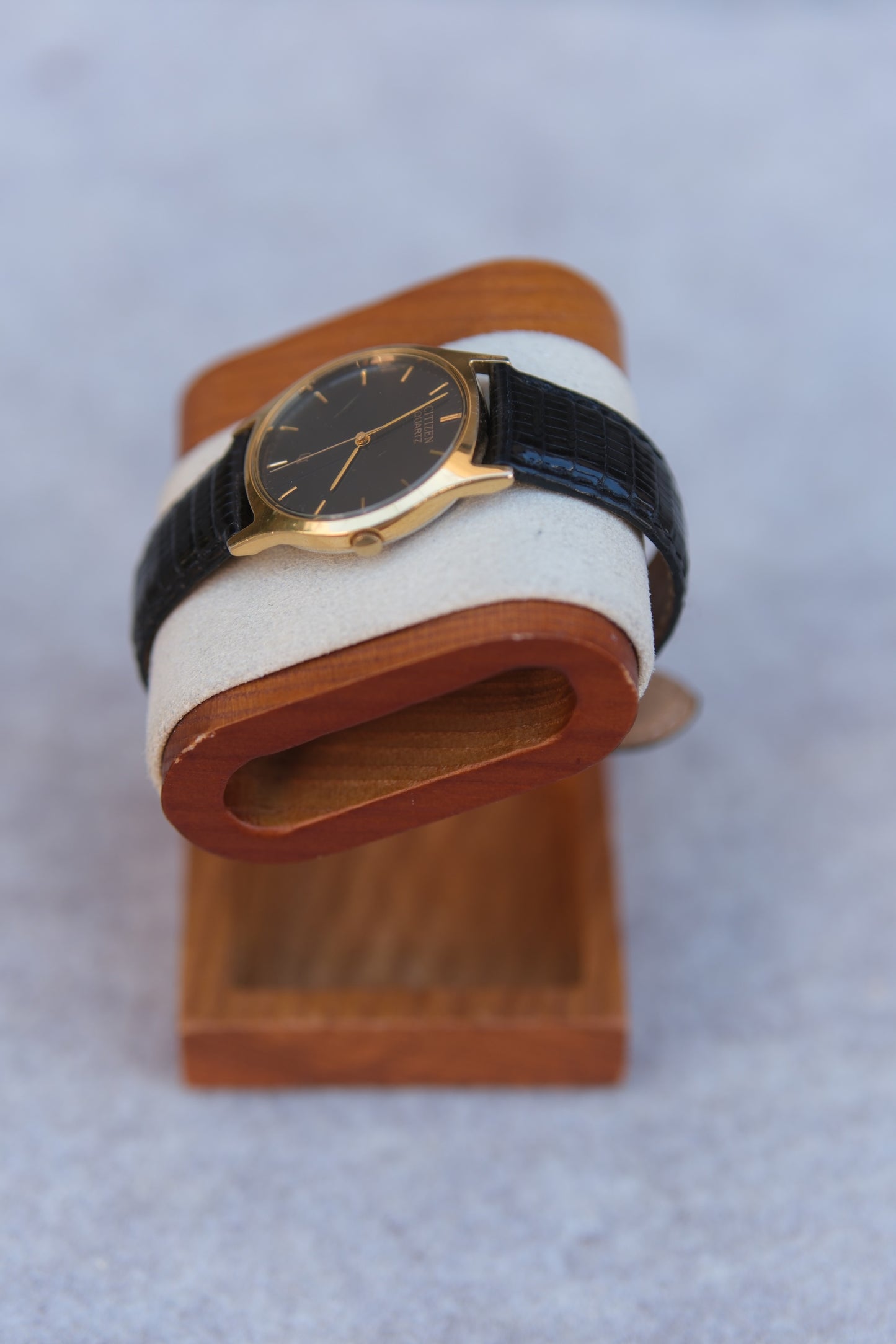 Vintage Circa 1992 Citizen Quartz Watch | Gold Case | Black Dial | Gold Baton Markers | Black Lizard Strap