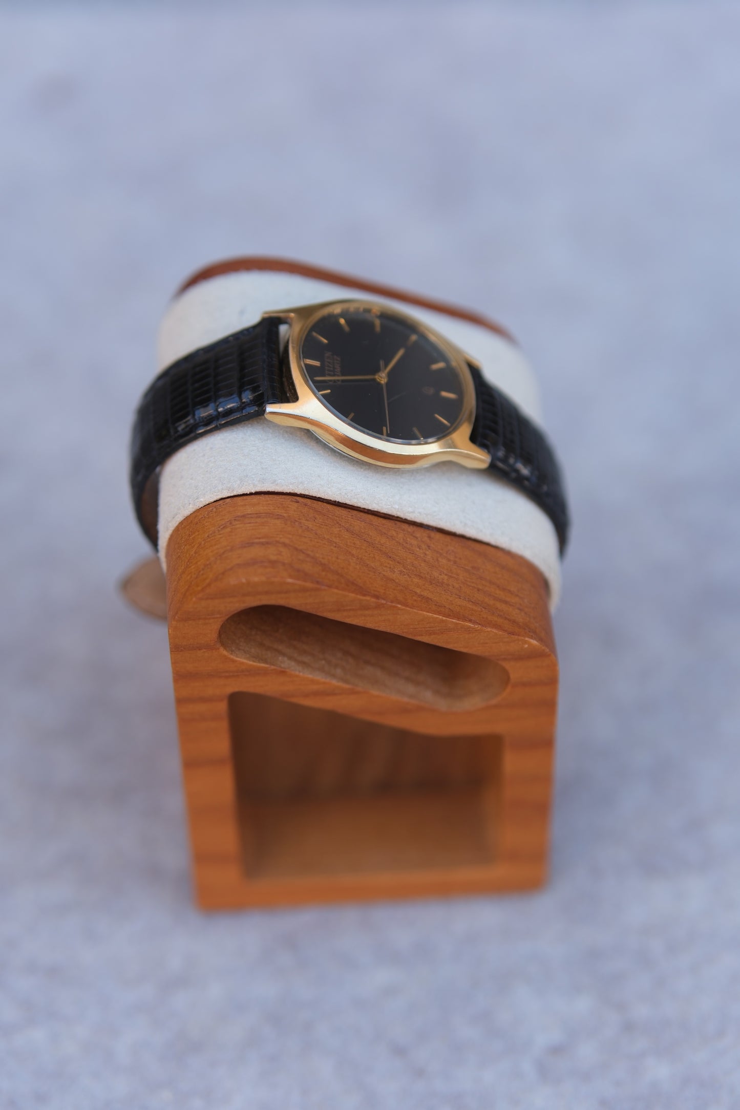 Vintage Circa 1992 Citizen Quartz Watch | Gold Case | Black Dial | Gold Baton Markers | Black Lizard Strap