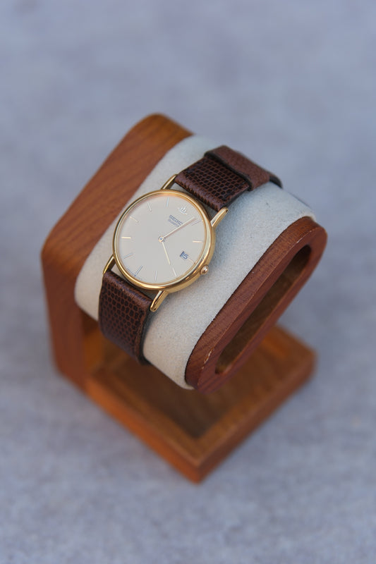 Vintage August 1992 Seiko Quartz Gold Dial Watch | Crest Emblem | Lizard-Embossed Strap | Date