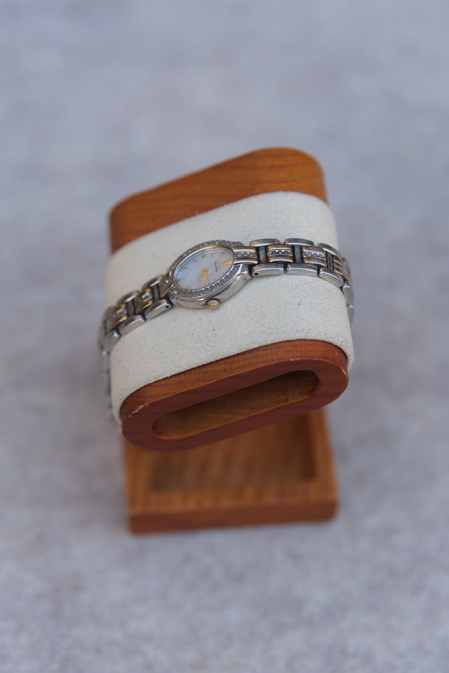 Circa 1990s Citizen Eco-Drive Ladies Rectangular Watch | Mother-of-Pearl Dial | Pavé Crystal | Two-Tone | 19mm
