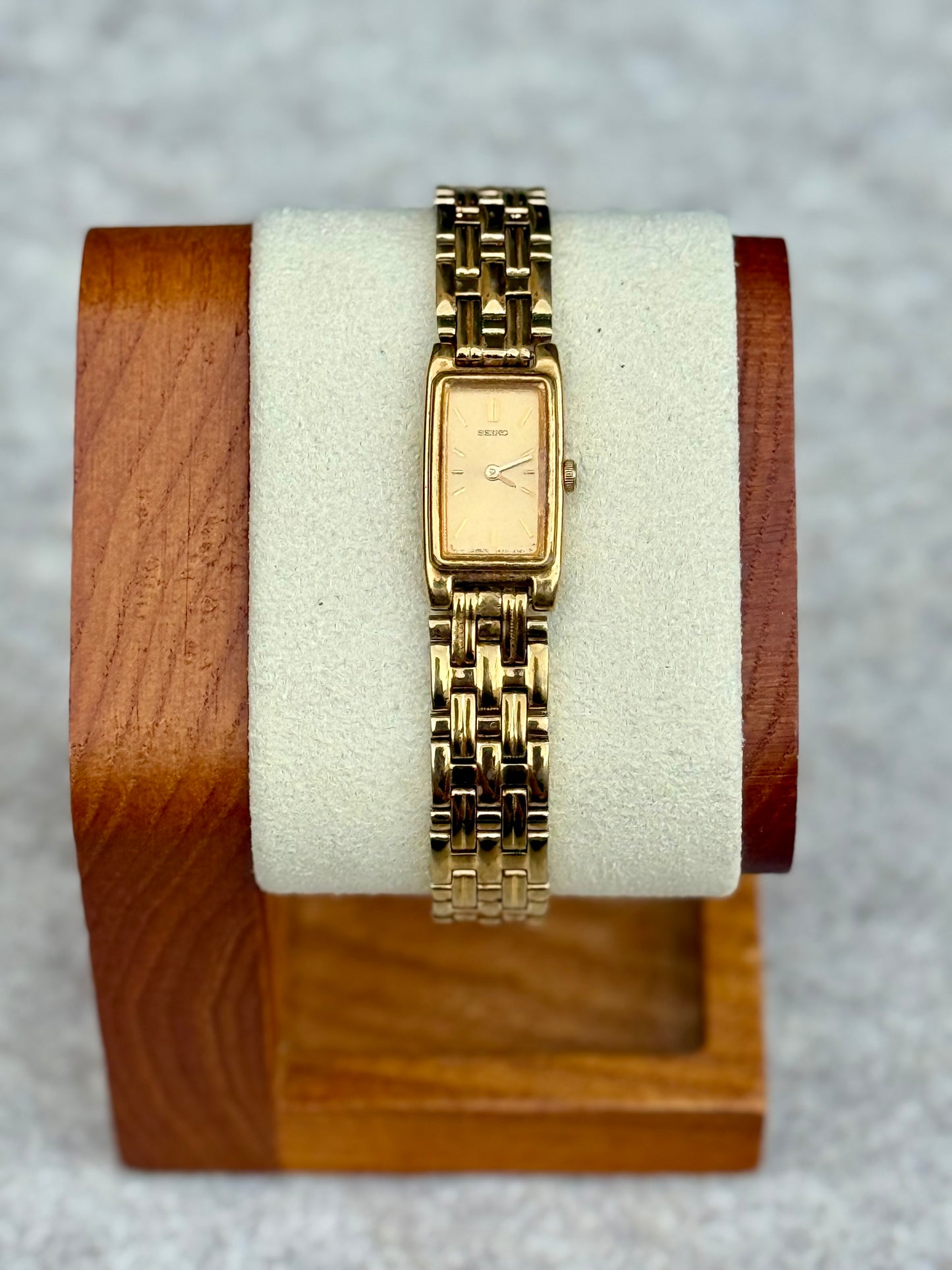 Seiko Petite Gold Rectangular Dress Watch — October 1984