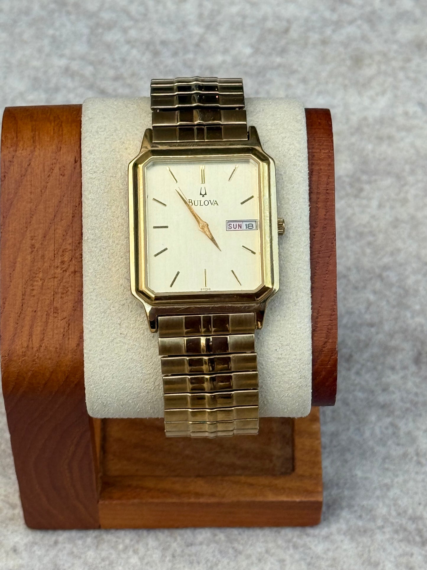 Bulova Rectangular Quartz Day-Date Watch – Circa 1990s | Gold Tone
