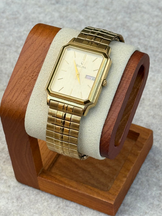 Bulova Rectangular Quartz Day-Date Watch – Circa 1990s | Gold Tone