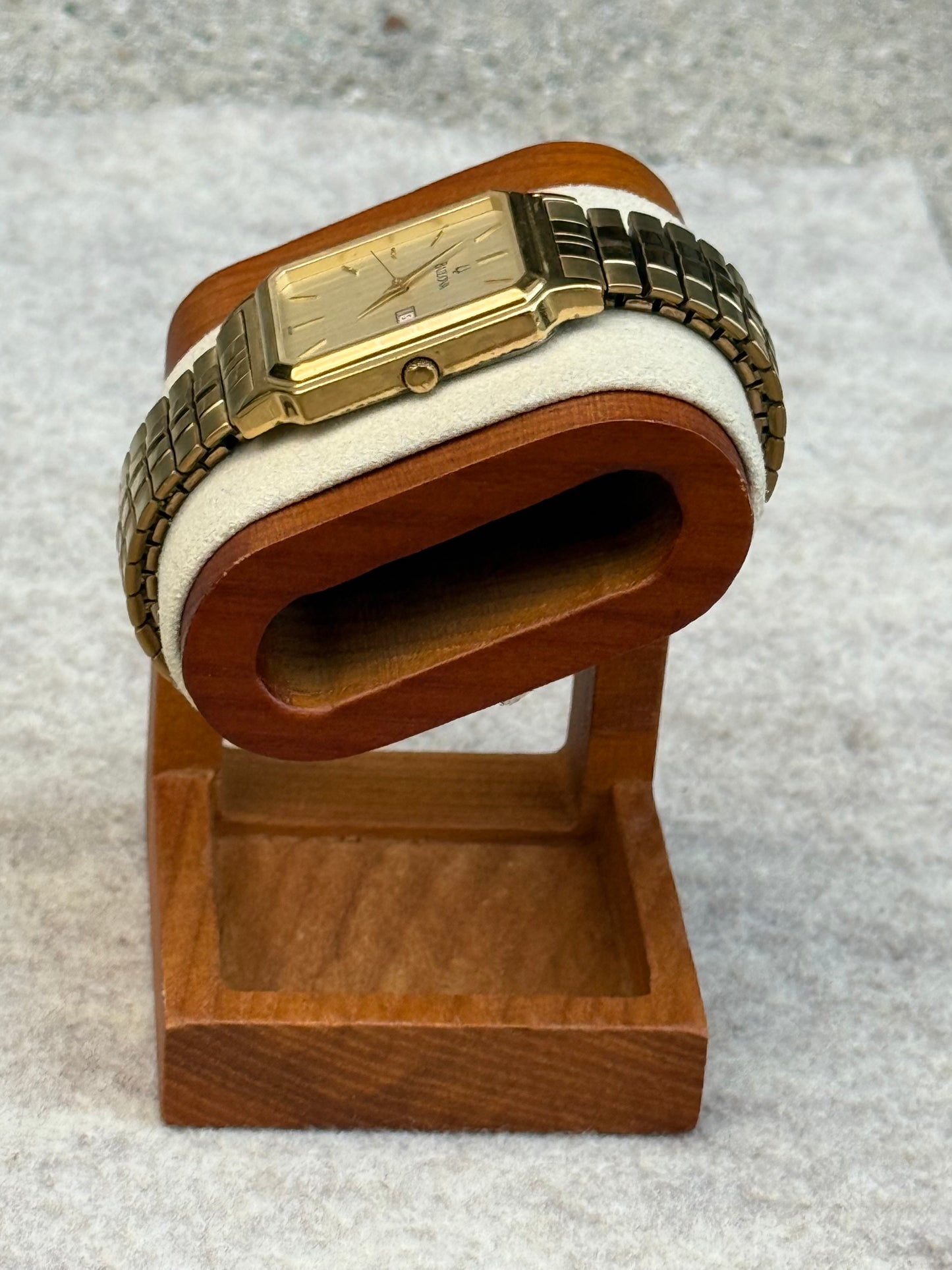Bulova Rectangular Quartz Day-Date Watch – Circa 1990s | Gold Tone