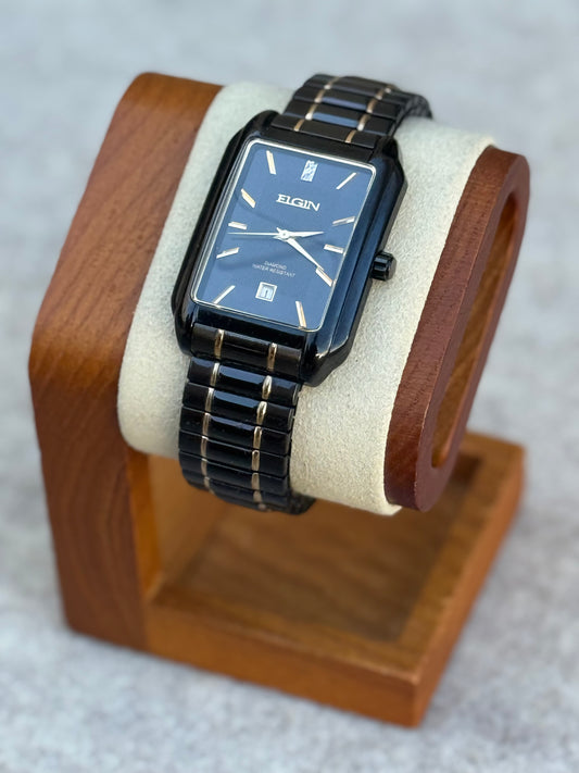 Elgin Diamond Quartz Watch – Black Dial – Two Tone Integrated Bracelet – 1990s