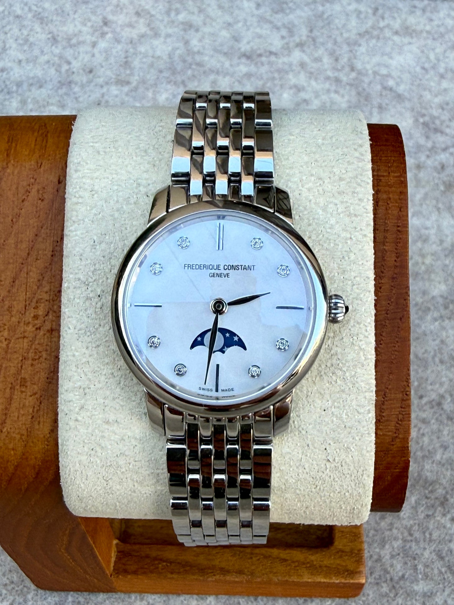 Frederique Constant Moonphase Watch – Mother of Pearl Dial – Diamond Markers – Swiss Made