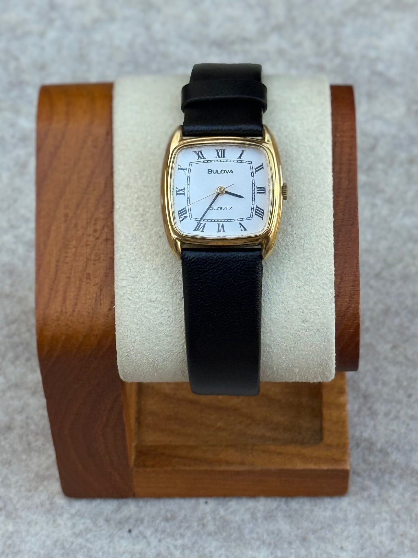 Bulova Rectangular Quartz Watch – Roman Numeral Dial – Gold Tone (1979)