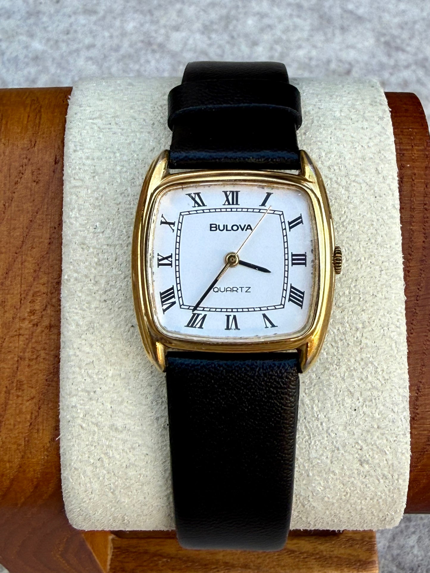 Bulova Rectangular Quartz Watch – Roman Numeral Dial – Gold Tone (1979)